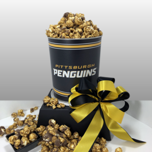 The best Pittsburgh Penguin gifts in Pittsburgh. A Pittsburgh Penguin tin filled with Pittsburgh Popcorn chocolate caramel popcorn. Large orders and corporate orders welcome. Customize your gifts.